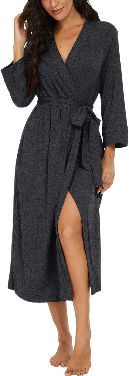 VINTATRE Women Kimono Robes Long Knit Bathrobe Lightweight Soft Knit Sleepwear V-neck Casual Ladies Loungewear