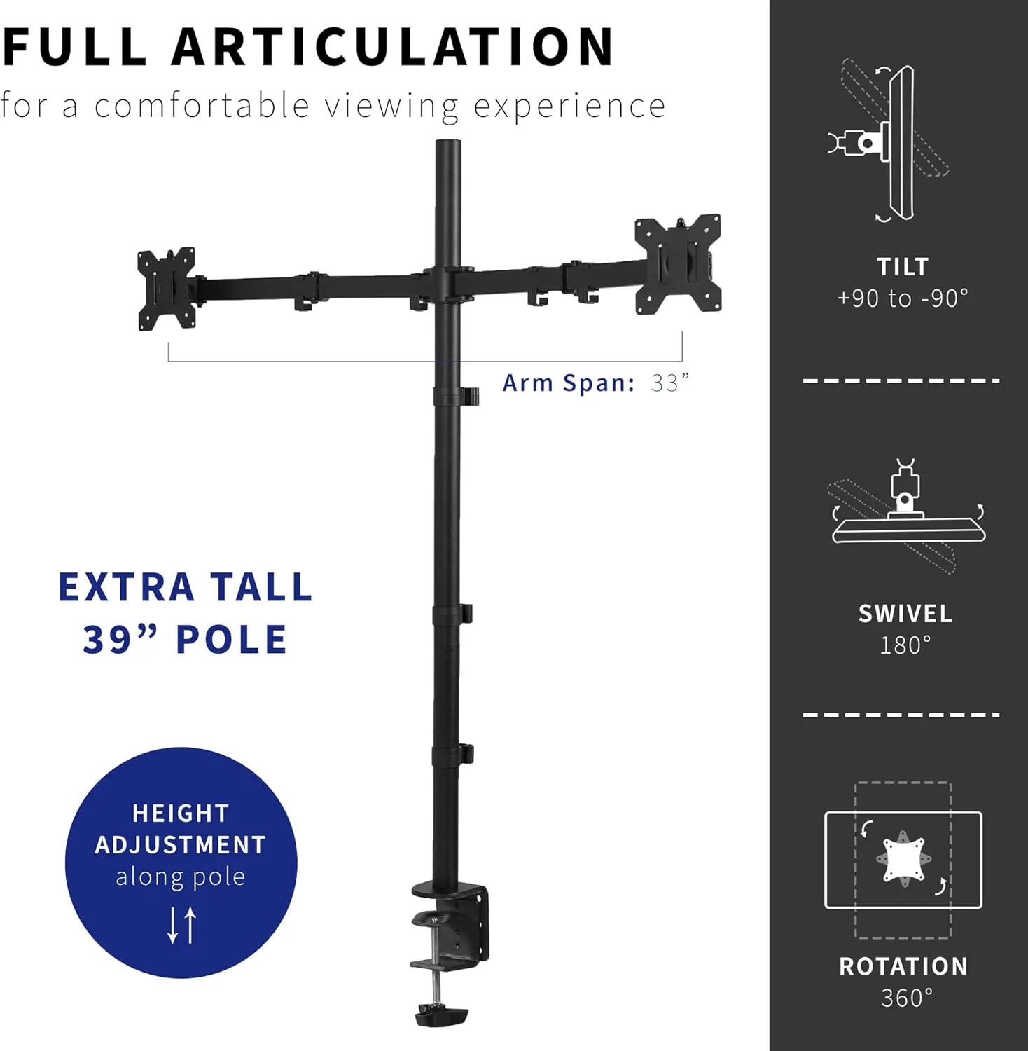 VIVO Dual Monitor Stand Up Desk Mount Extra Tall 39 inch Pole, Fully Adjustable Stand for up to 32 inch Screens, Black, STAND-V032T