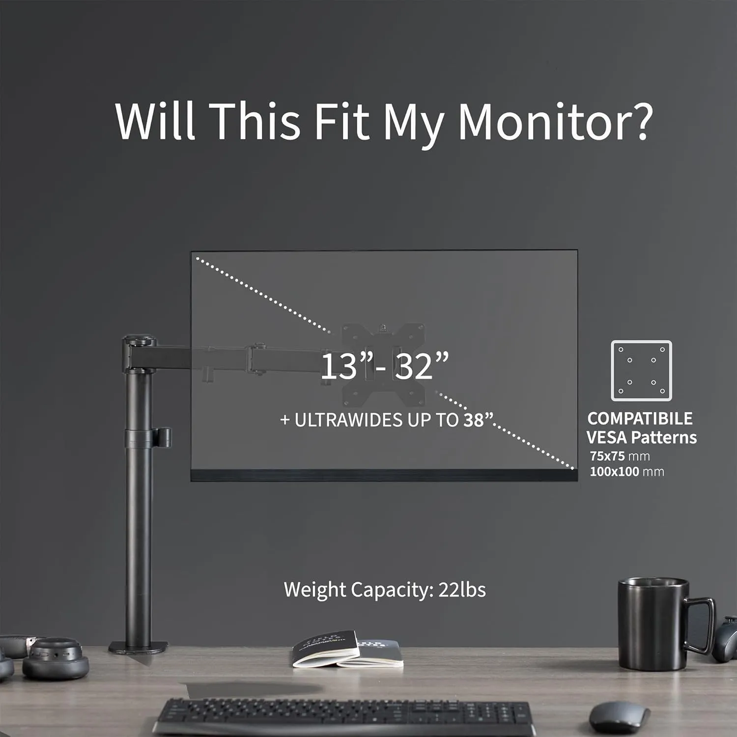 VIVO Single 13 to 38 inch Ultrawide Monitor Arm Desk Mount, Regular Screens up to 32 inches, 22 lbs capacity, Fully Adjustable Stand with C-Clamp and Grommet Base, Black, STAND-V001