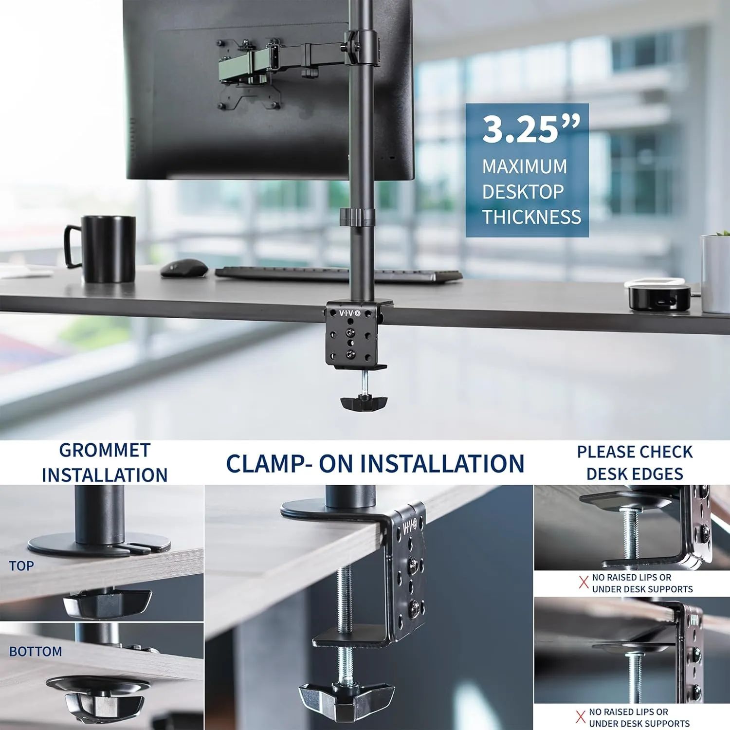 VIVO Single 13 to 38 inch Ultrawide Monitor Arm Desk Mount, Regular Screens up to 32 inches, 22 lbs capacity, Fully Adjustable Stand with C-Clamp and Grommet Base, Black, STAND-V001