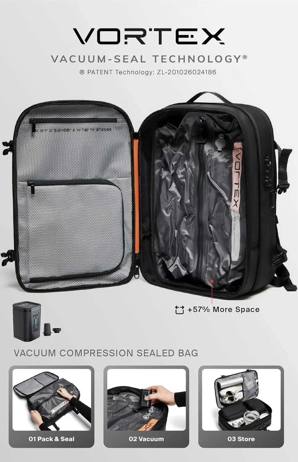 Vortex Vacuum Seal Travel Backpack 60L Exapandable Air Compression System Water Resistant TSA Lock Carry-On Suitcase Luggage Black AERO-No Vacuum Pump