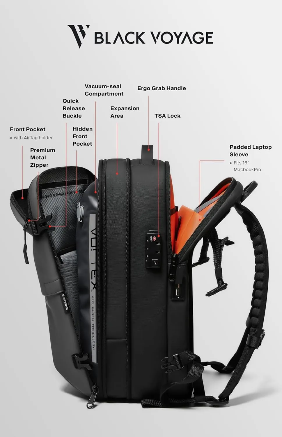 Vortex Vacuum Seal Travel Backpack 60L Exapandable Air Compression System Water Resistant TSA Lock Carry-On Suitcase Luggage Black AERO-No Vacuum Pump
