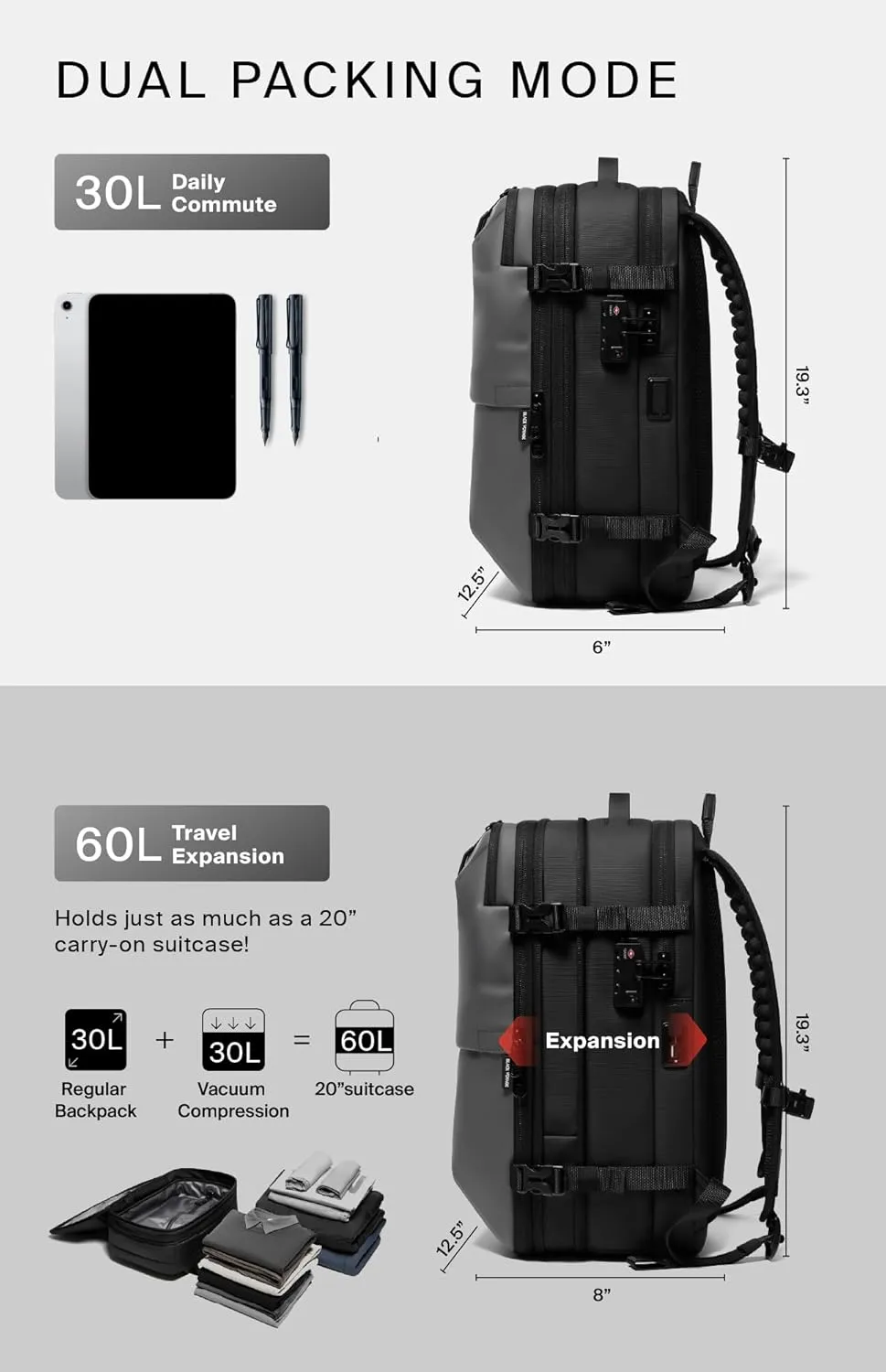 Vortex Vacuum Seal Travel Backpack 60L Exapandable Air Compression System Water Resistant TSA Lock Carry-On Suitcase Luggage Black AERO-No Vacuum Pump