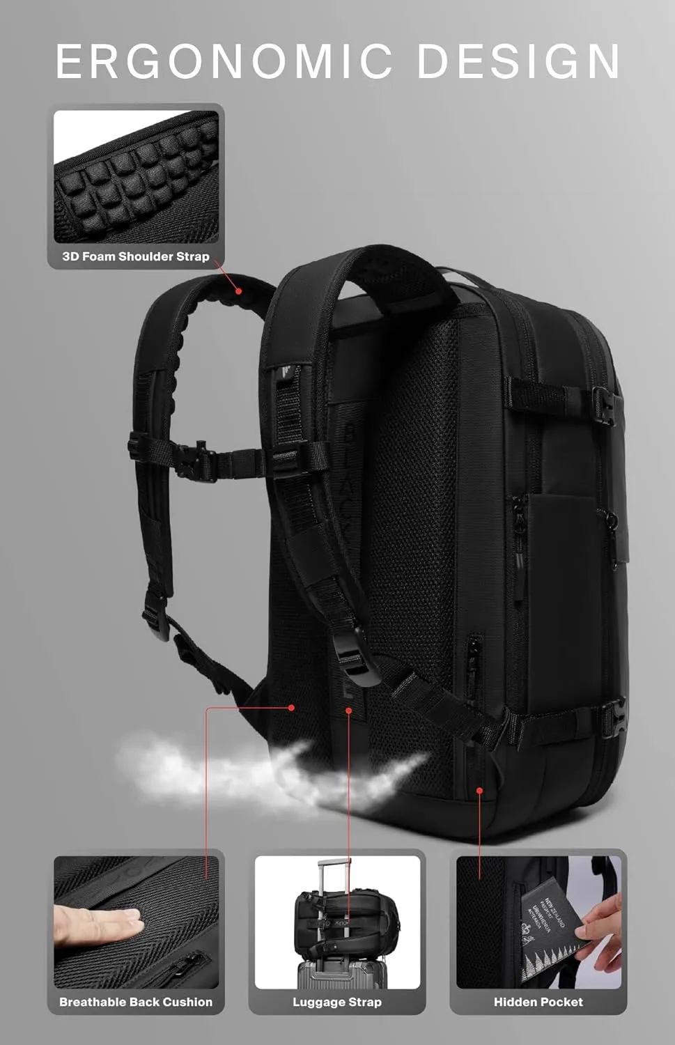 Vortex Vacuum Seal Travel Backpack 60L Exapandable Air Compression System Water Resistant TSA Lock Carry-On Suitcase Luggage Black AERO-No Vacuum Pump