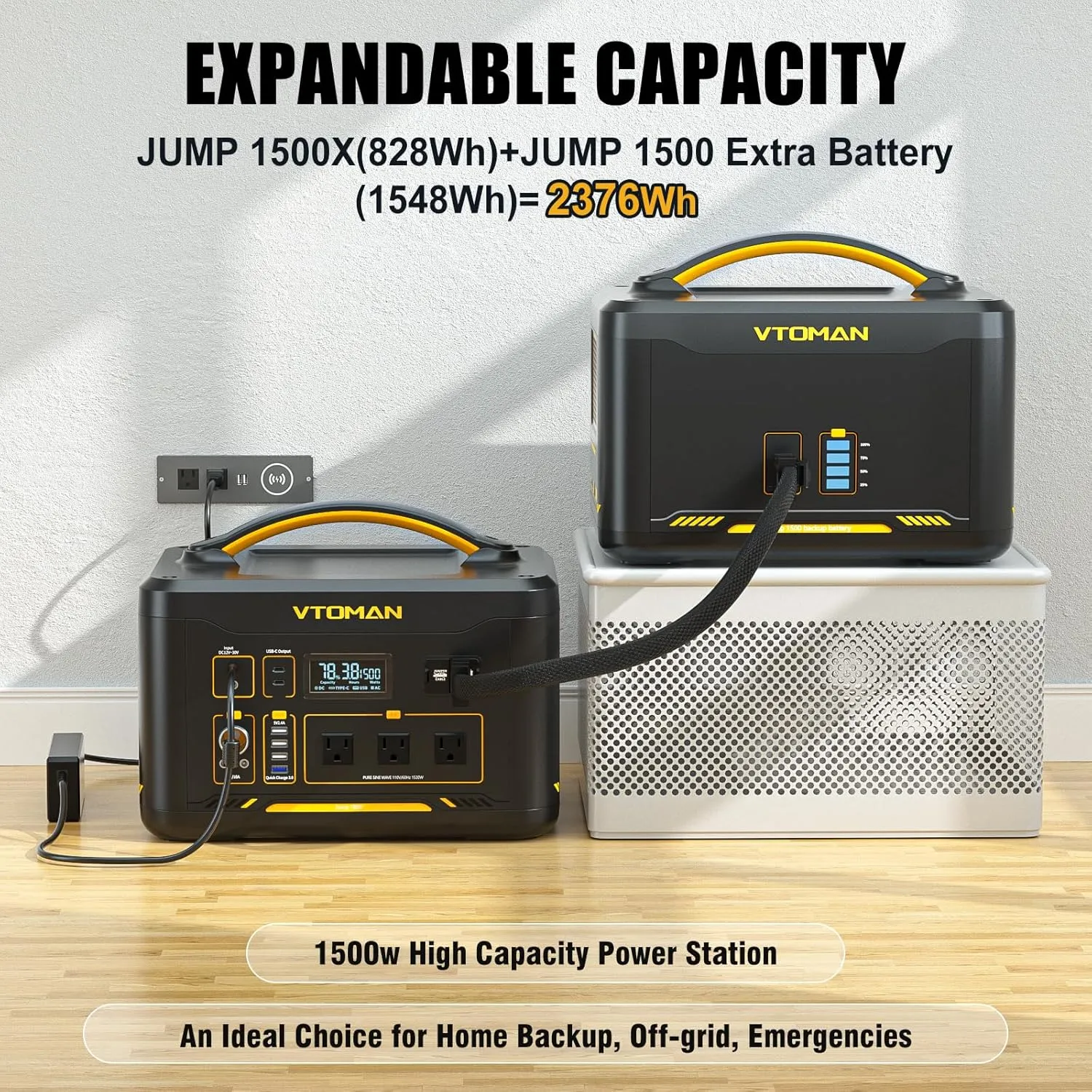 Vtoman 2376Wh Portable Power Station Bundle with Extra Battery & 110W Solar Panel Included, Up to 3000W Solar Generator for Home Backup, Off-grid, Road Trip, RV, Camping, Emergencies