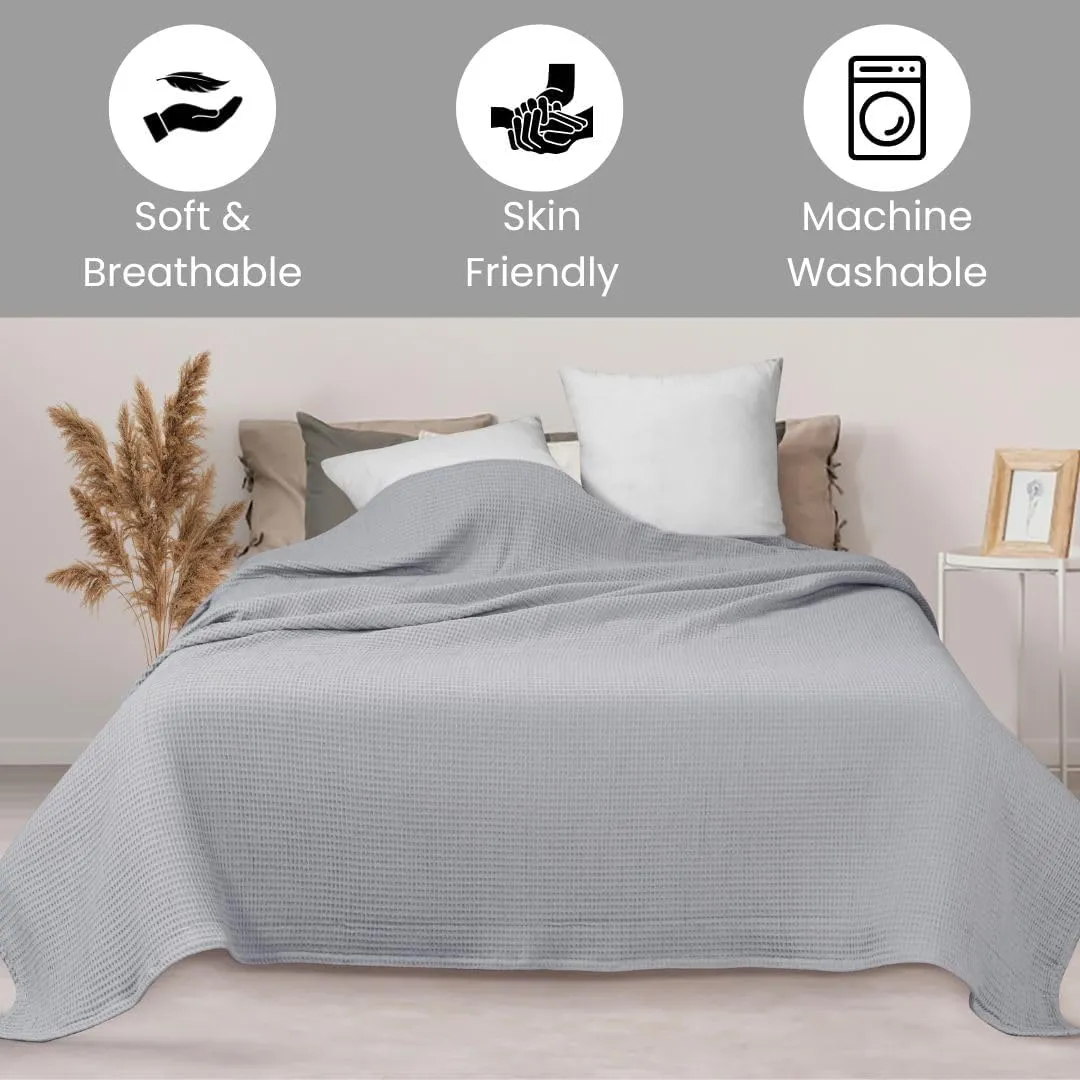 Waffle Blanket Prewashed 100% Combed Cotton - Soft Breathable Lightweight All-Season Blanket, Perfect for Bed, Couch, or Layering - Cozy 90x90 Inch Queen Thermal Throw Blanket Light Grey