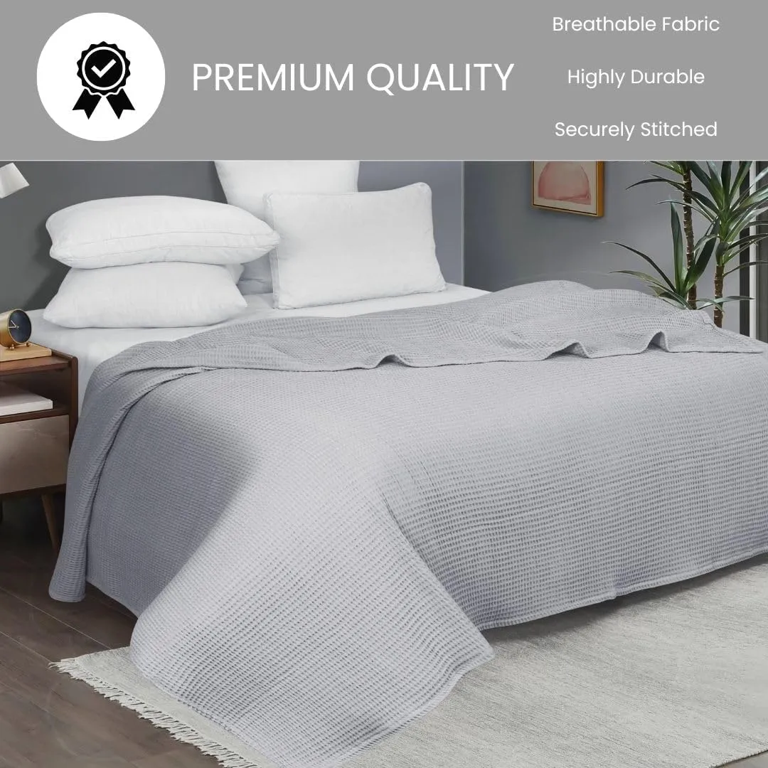 Waffle Blanket Prewashed 100% Combed Cotton - Soft Breathable Lightweight All-Season Blanket, Perfect for Bed, Couch, or Layering - Cozy 90x90 Inch Queen Thermal Throw Blanket Light Grey