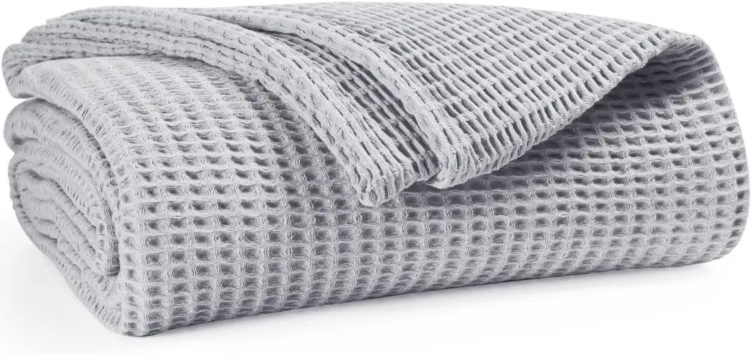 Waffle Blanket Prewashed 100% Combed Cotton - Soft Breathable Lightweight All-Season Blanket, Perfect for Bed, Couch, or Layering - Cozy 90x90 Inch Queen Thermal Throw Blanket Light Grey