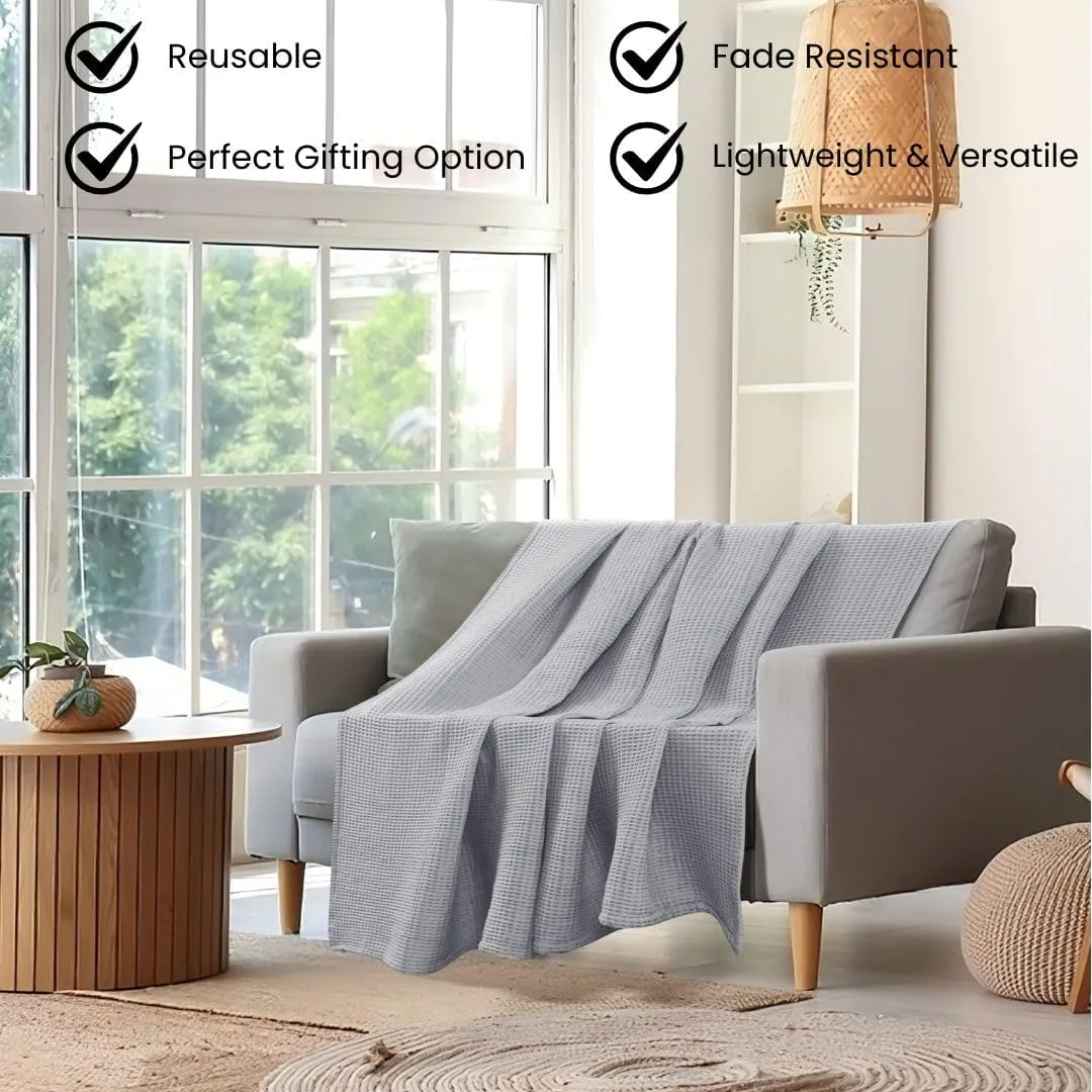 Waffle Blanket Prewashed 100% Combed Cotton - Soft Breathable Lightweight All-Season Blanket, Perfect for Bed, Couch, or Layering - Cozy 90x90 Inch Queen Thermal Throw Blanket Light Grey