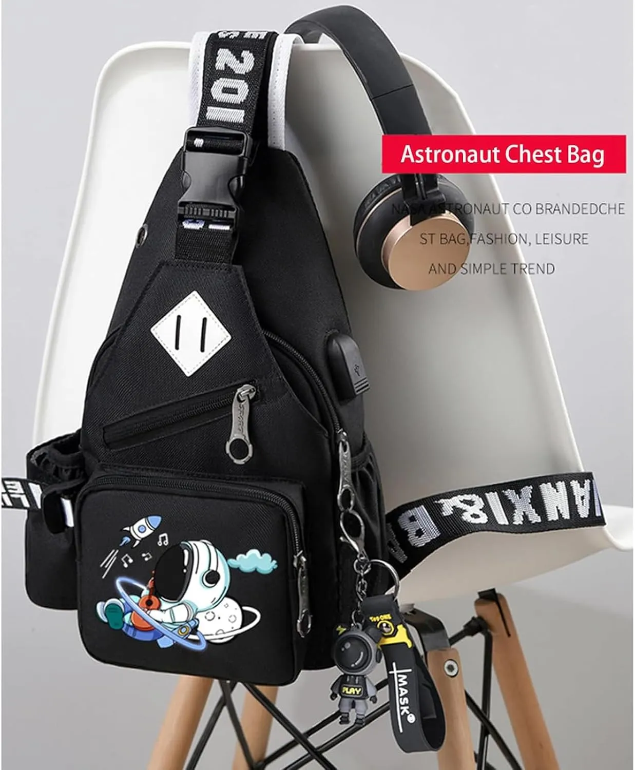 Water-Resistant Crossbody Sling Bag for Men Astronaut Casual Chest Shoulder Daypack Hiking Travel Backpack for 12.9 Inch Ipad (Black3)