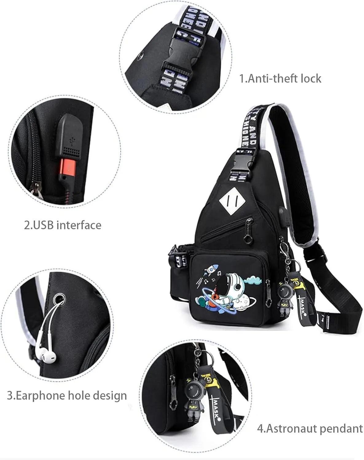 Water-Resistant Crossbody Sling Bag for Men Astronaut Casual Chest Shoulder Daypack Hiking Travel Backpack for 12.9 Inch Ipad (Black3)
