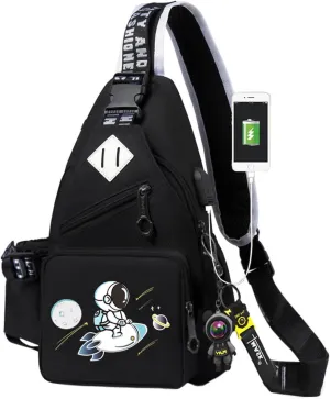Water-Resistant Crossbody Sling Bag for Men Astronaut Casual Chest Shoulder Daypack Hiking Travel Backpack for 12.9 Inch Ipad (Black3)
