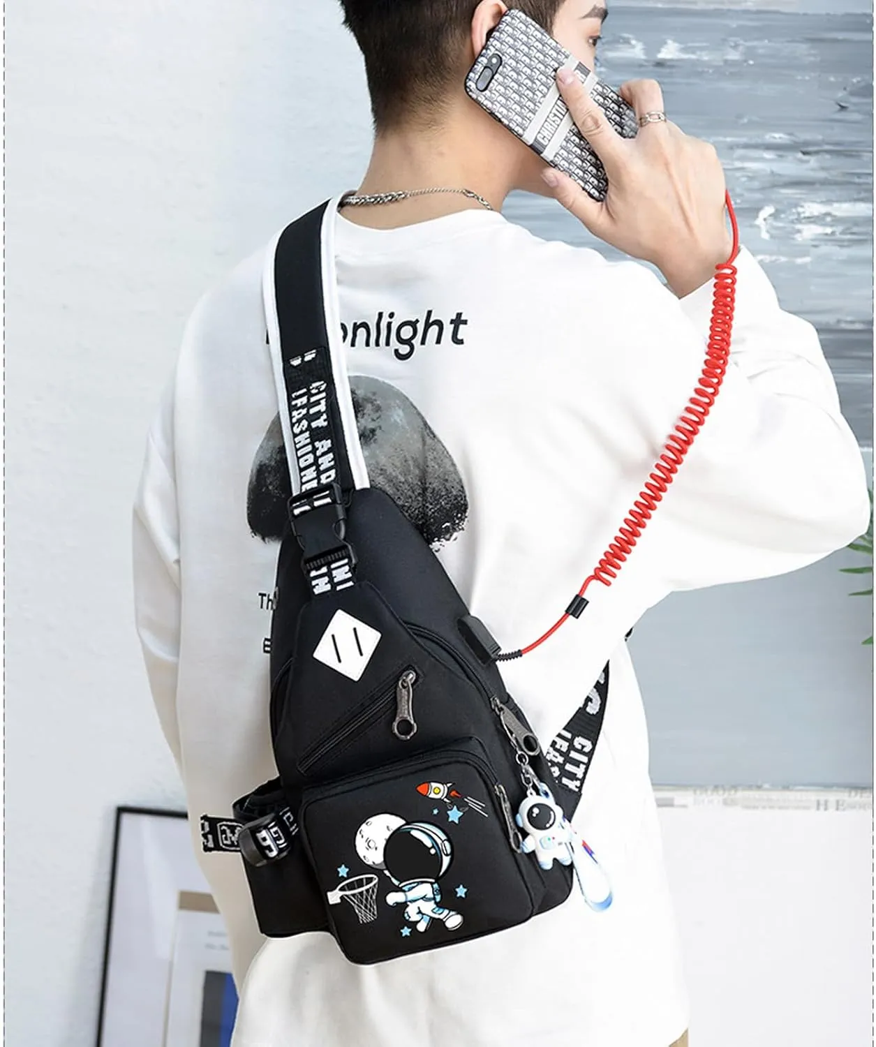 Water-Resistant Crossbody Sling Bag for Men Astronaut Casual Chest Shoulder Daypack Hiking Travel Backpack for 12.9 Inch Ipad (Black3)