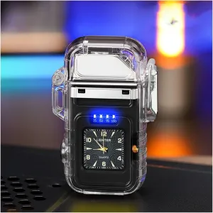 Waterproof Lighter Double Arc Electric Lighter with Clear Clock, Rechargeable USB Lighter Outdoor Windproof Transparent Portable Lighter (Color : Black)