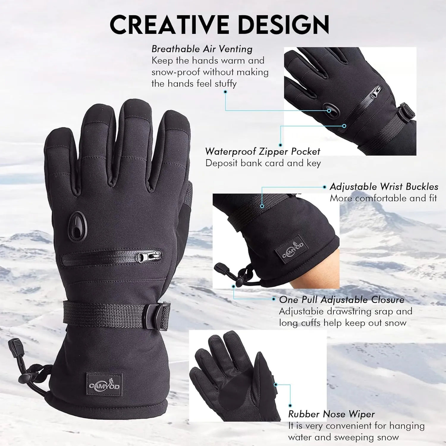 Waterproof Ski Snowboard Gloves with 3M Thinsulate,Zipper Pocket, Air Vent, Cold Weather Gloves for Men