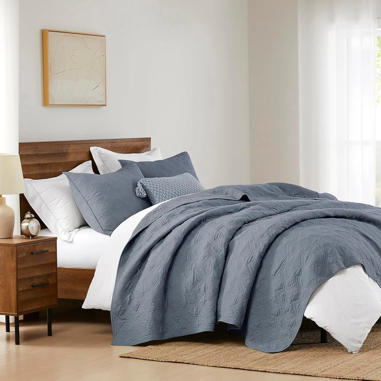 WDCOZY Blue Grey 100% Cotton Oversized California King Size Quilt Bedding Sets with 2 Pillow Shams, Shabby Chic Rustic Textured Gauze Lightweight Country Soft Bedspread Coverlet for All Season
