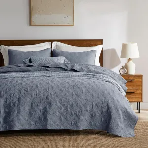WDCOZY Blue Grey 100% Cotton Oversized California King Size Quilt Bedding Sets with 2 Pillow Shams, Shabby Chic Rustic Textured Gauze Lightweight Country Soft Bedspread Coverlet for All Season