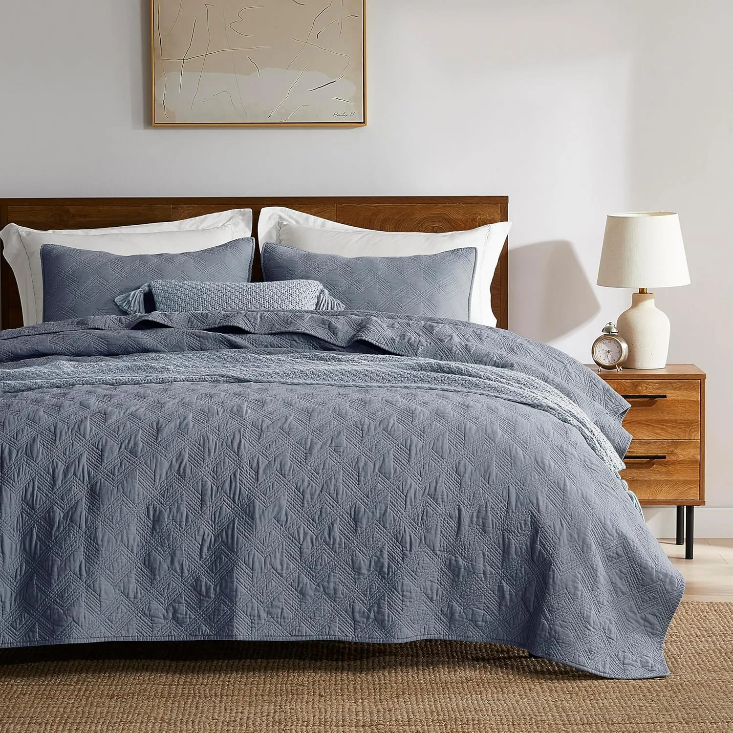 WDCOZY Blue Grey 100% Cotton Oversized California King Size Quilt Bedding Sets with 2 Pillow Shams, Shabby Chic Rustic Textured Gauze Lightweight Country Soft Bedspread Coverlet for All Season