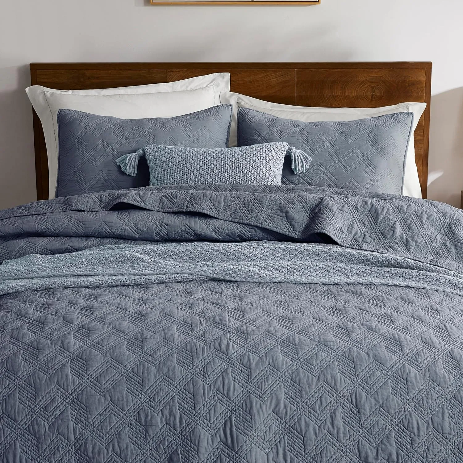 WDCOZY Blue Grey 100% Cotton Oversized California King Size Quilt Bedding Sets with 2 Pillow Shams, Shabby Chic Rustic Textured Gauze Lightweight Country Soft Bedspread Coverlet for All Season