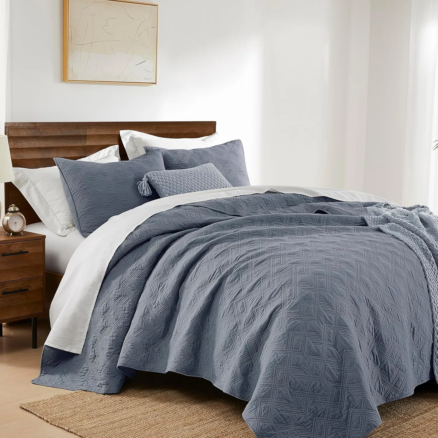 WDCOZY Blue Grey 100% Cotton Oversized California King Size Quilt Bedding Sets with 2 Pillow Shams, Shabby Chic Rustic Textured Gauze Lightweight Country Soft Bedspread Coverlet for All Season