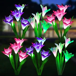 WdtPro Solar Lights Outdoor Garden Decorative Flowers 6 Pack, Waterproof Solar Garden Lights with 24 Lily Flowers, Multi Color Changing LED Solar Powered Landscape Lights for Yard Patio