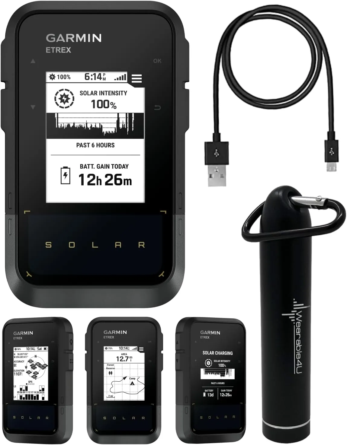 Wearable4U - Garmin eTrex Solar, GPS Handheld Navigator, Unlimited Battery Life, Water Resistant with Power Bank Bundle
