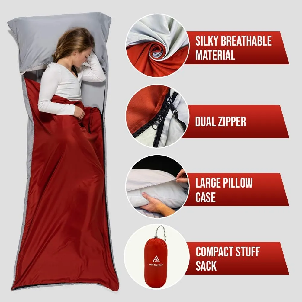 WELL TRAVELED Sleeping Bag Liner, Lightweight Adult Sleeping Sheet for Hiking, Backpacking and Camping, Easily Removable and Washable, Silky Smooth Fabric, Simple to Stuff Sack