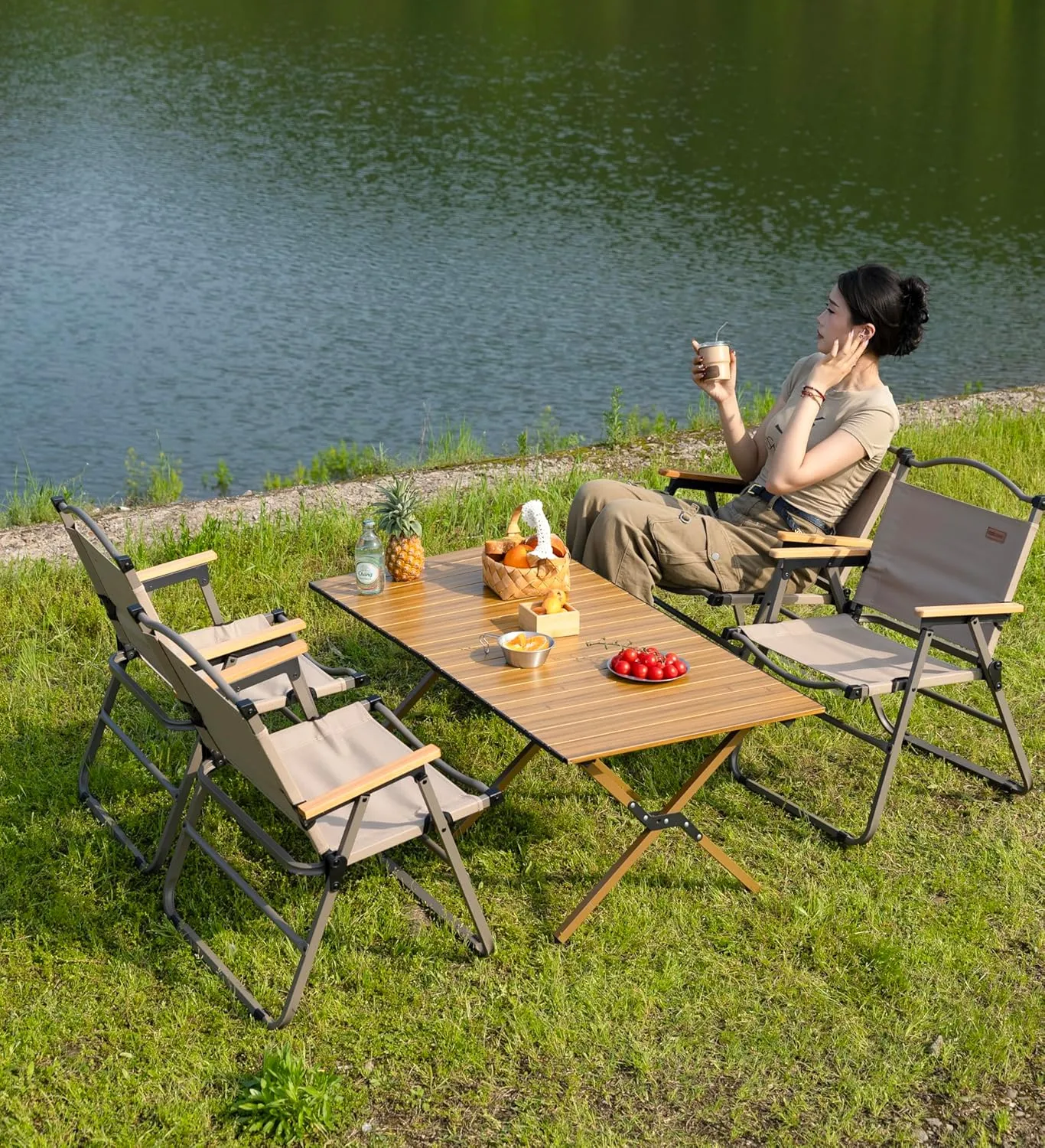 Whitsunday Folding Camping Table Aluminum Portable Roll-Up Picnic Table Wood Grain 45.6 * 23.6 * 17.3