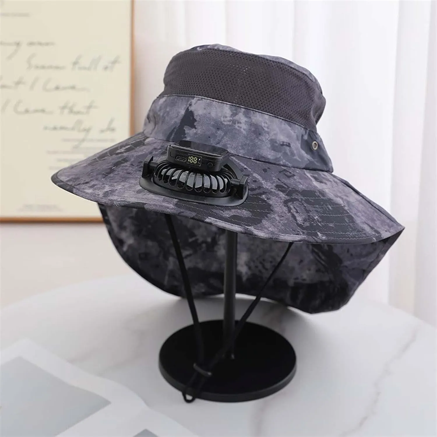 Wide Brim Fan Hat Solar Powered, UPF 50  Solar Power Fan Bucket Hat for Outdoor Fishing Beach Hiking Camping