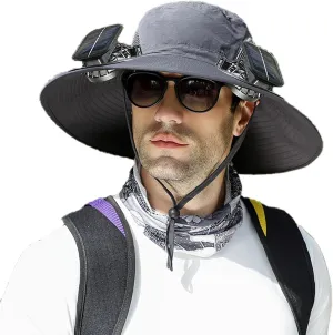 Wide Brim Solar Fan Hat, Hat with 2 Solar Power Fan, Bucket Hats for Men Women, Fans Built in
