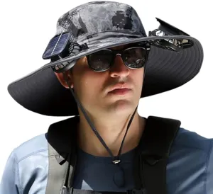 Wide Brim Solar Fan Hat, Hat with Fans Solar Power, Removable & USB Charging Fan Bucket Hats for Men Women Outdoor Fishing