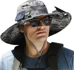Wide Brim Solar Fan Hat, Mens Women Solar Fan Fishing Hat with 2 Fans - UPF 50  Outdoor Sun Hat with Fans Solar Power