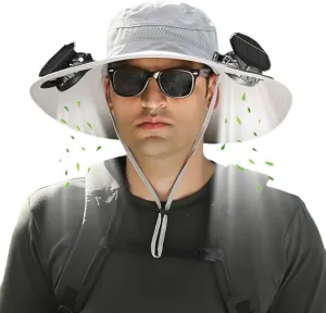 Wide Brim Solar Fan Hat, Mens Women Solar Fan Fishing Hat with 2 Fans - UPF 50  Outdoor Sun Hat with Fans Solar Power