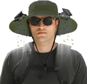 Wide Brim Solar Fan Hat, Mens Women Solar Fan Fishing Hat with 2 Fans - UPF 50  Outdoor Sun Hat with Fans Solar Power