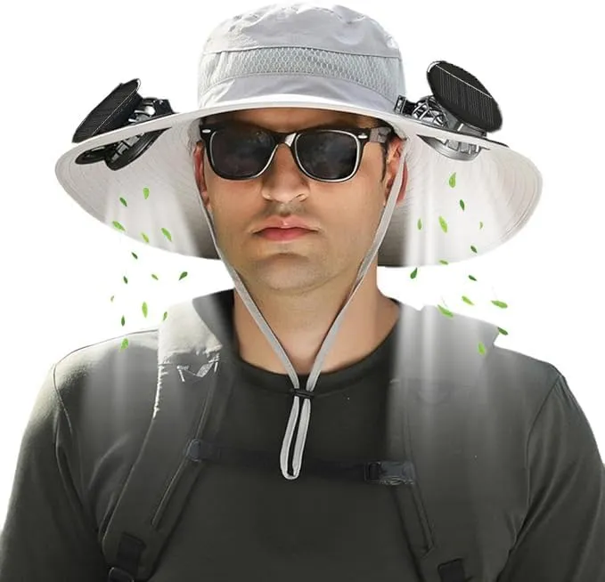 Wide Brim Solar Fan Hat, Mens Women Solar Fan Fishing Hat with 2 Fans - UPF 50  Outdoor Sun Hat with Fans Solar Power