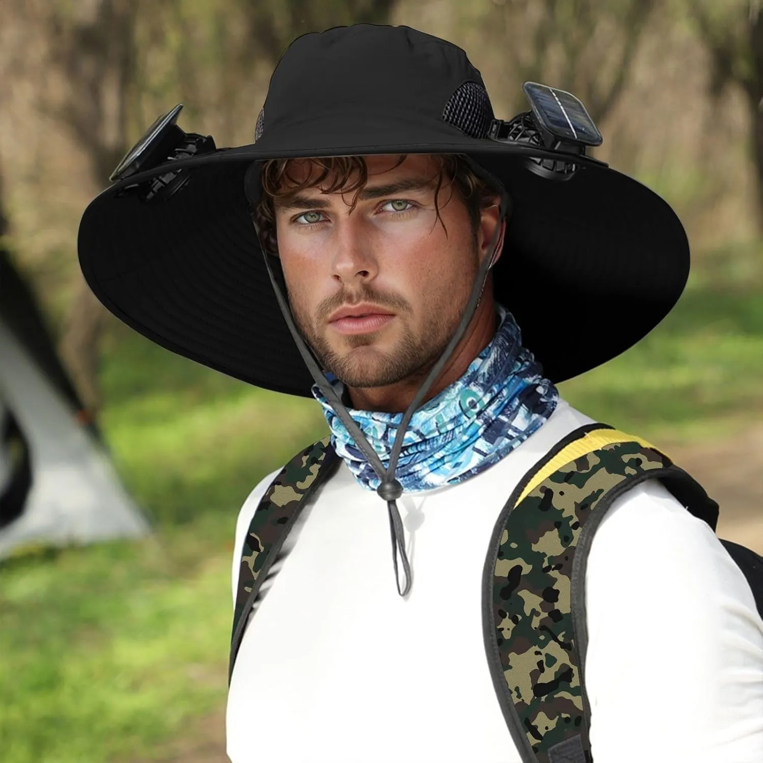 Wide Brim Solar Fan Hat Outdoor 2 Solar Fan Sun Bucket Hat for Men Women Fishing Hat with Removable & USB Charging Fan