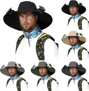 Wide Brim Solar Fan Hat Outdoor 2 Solar Fan Sun Bucket Hat for Men Women Fishing Hat with Removable & USB Charging Fan