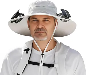 Wide Brim Solar Fan Hat, Outdoor Sun Hat with 2 Solar Power Fan for Men Women UPF 50  Sun Breathable Bucket Fishing