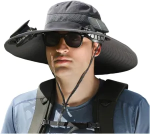 Wide Brim Solar Fan Hat Outdoor Sun Hat with 2 Solar Power Fans for Men Fishing Hats Sombrero Solar & USB Charging Fan
