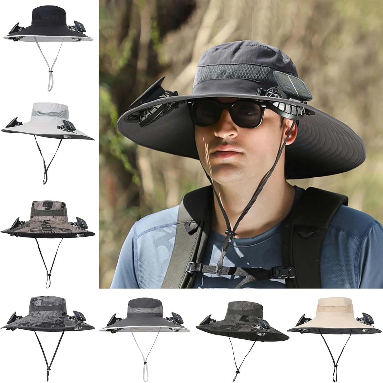Wide Brim Solar Fan Hat Outdoor Sun Hat with 2 Solar Power Fans for Men Fishing Hats Sombrero Solar & USB Charging Fan