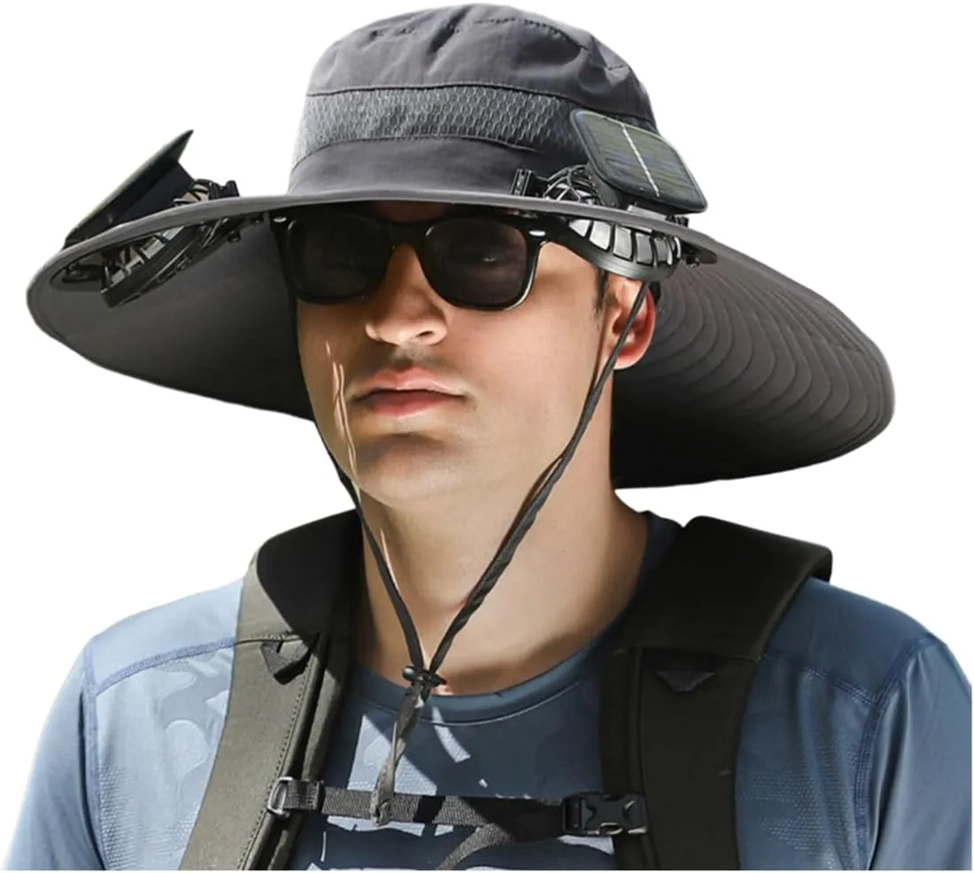 Wide Brim Solar Fan Hat Outdoor Sun Hat with 2 Solar Power Fans for Men Fishing Hats Sombrero Solar & USB Charging Fan