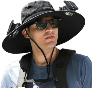 Wide Brim Solar Fan Hat, Solar Powered Fan Hat, Sun Bucket Fishing Hats with 2 Solar Fan UPF 50  Outdoor