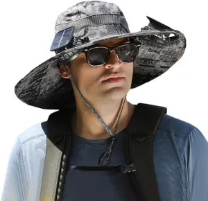 Wide Brim Solar Fan Hat, Wide Brim Solar Fan Outdoor Fishing Hat, Solar Fan Hats for Men-Solar & USB Charging