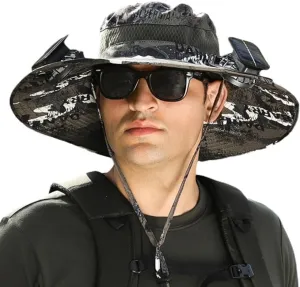 Wide Brim Solar Fan Hat, Wide Brim Solar Fan Outdoor Fishing Hat, Solar Fan Hats for Men-Solar & USB Charging