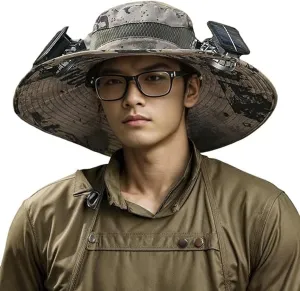 Wide Brim Solar Fan Hat with 2 Fan, Summer Outdoor Fishing Hat for Men Women, UPF 50 , Waterproof, Removable USB Charging Fan