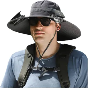 Wide Brim Solar Fan Outdoor Fishing Hat, 2024 New Solar&USB Charging Men Sun Hat With 2 Solar Fan UPF 50  Solar Fan Hat