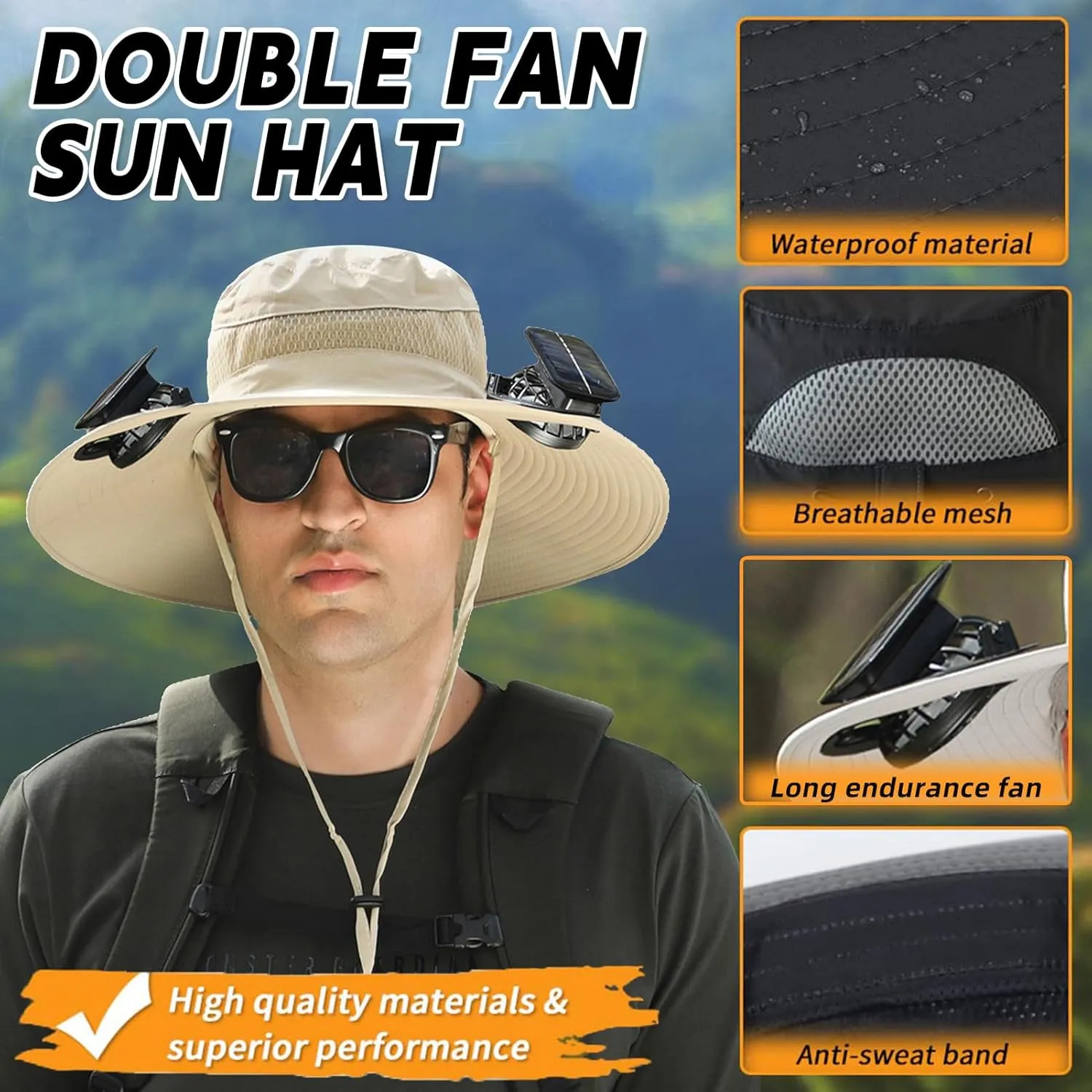 Wide Brim Solar Fan Outdoor Fishing Hat Hats for Men Women & USB Charging,Upf50 