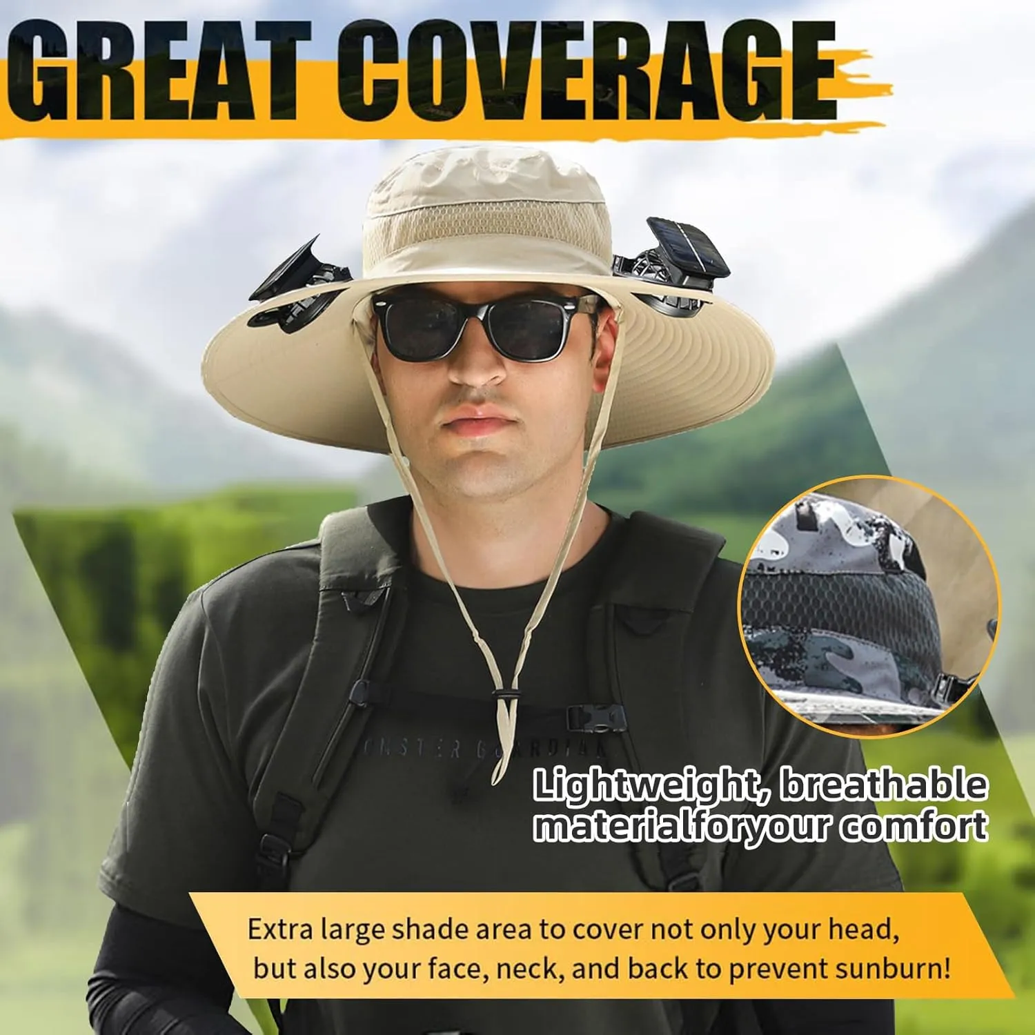 Wide Brim Solar Fan Outdoor Fishing Hat Hats for Men Women & USB Charging,Upf50 