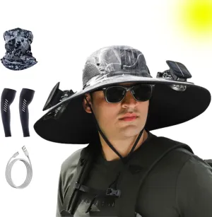 Wide Brim Solar Fan Outdoor Fishing Hat-Solar & USB Charging, Outdoor Solar Fan Hat UPF 50  for Fishing, Camping