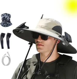Wide Brim Solar Fan Outdoor Fishing Hat-Solar & USB Charging, Outdoor Solar Fan Hat UPF 50  for Fishing, Camping